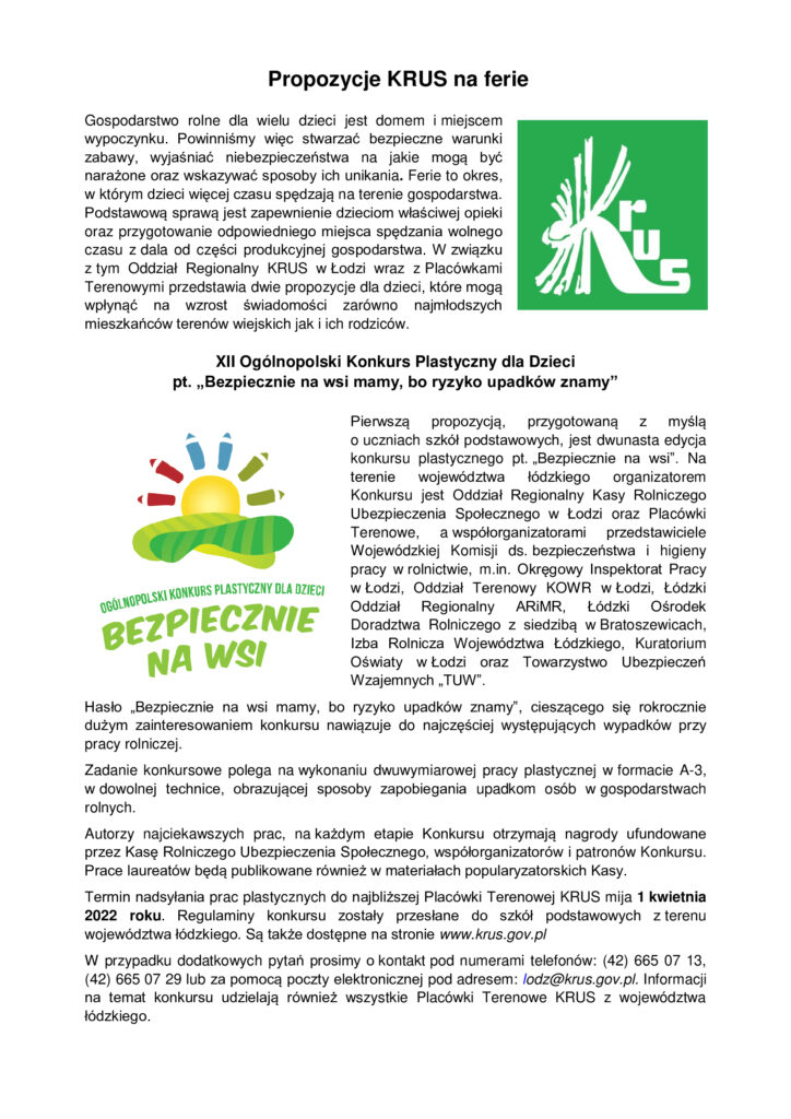 propozycja KRUS dla dzieci na ferie