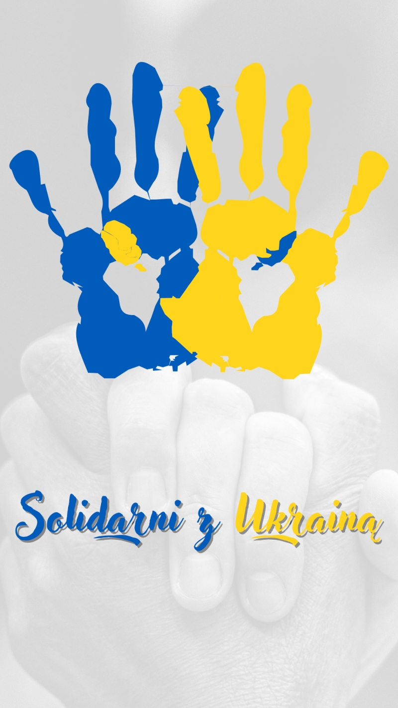 Solidarni z Ukrainą - dwie splecione dłonie w barwach ukraińskich