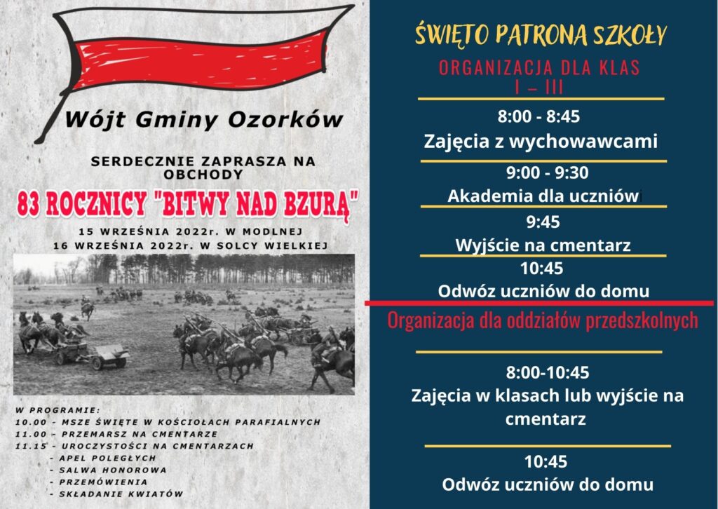 zaproszenie na obchody 83 rocznicy Bitwy nad Bzurą z flagą Polski po prawej stronie i żołnierzami na koniach. Po lewej stronie informacje dotyczące organizacji dla klas